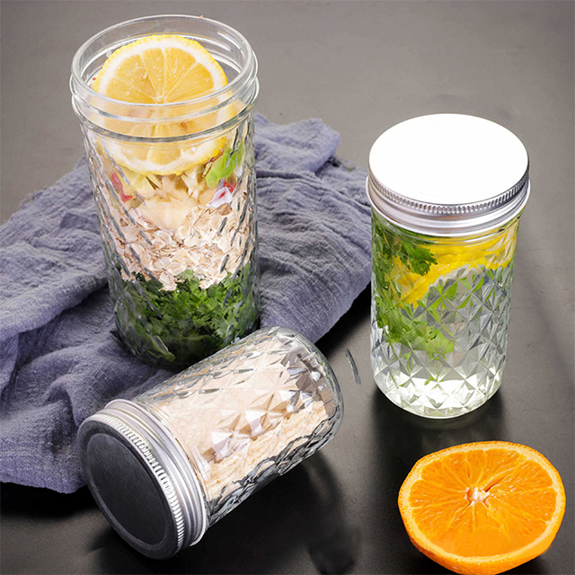 250ml 300ml 350ml 500ml 650ml Diamond Glass Mason Jar with Aluminium Lid