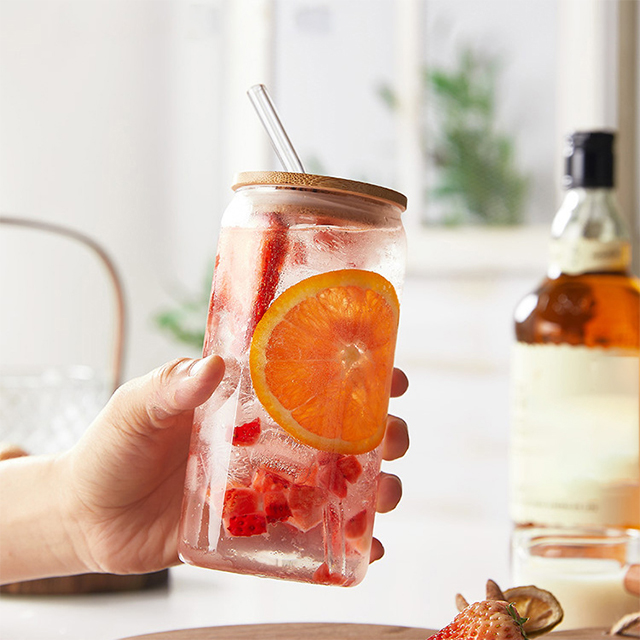 350ml 550ml High Borosilicate Glass Juice Cold Drink Cup with Bamboo Lid