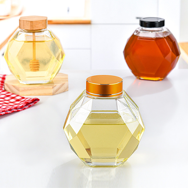 250ml 380ml 500ml Hexagonal Glass Honey Jar with Stirring Stick