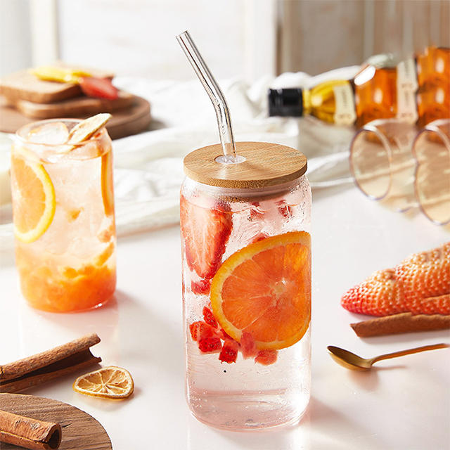 350ml 550ml High Borosilicate Glass Juice Cold Drink Cup with Bamboo Lid