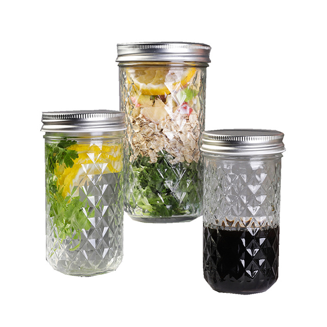 250ml 300ml 350ml 500ml 650ml Diamond Glass Mason Jar with Aluminium Lid