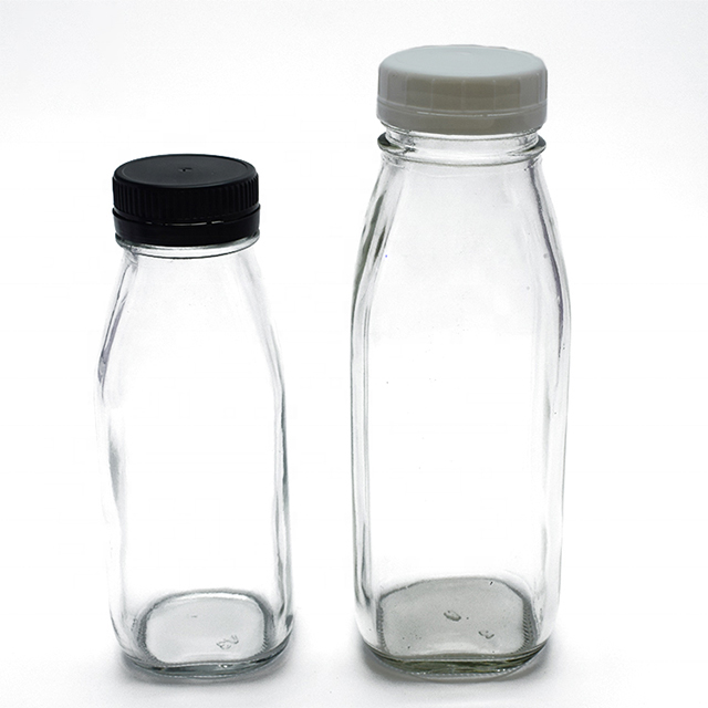16oz Empty Clear Glass Milk Juice Drinking Bottles With Plastic Lid