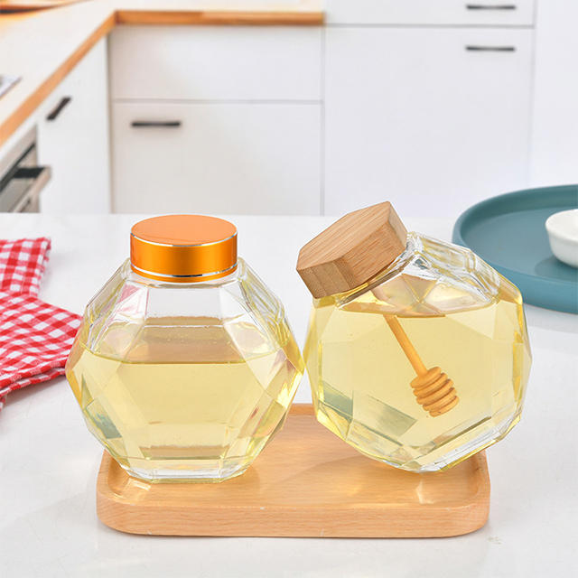250ml 380ml 500ml Hexagonal Glass Honey Jar with Stirring Stick