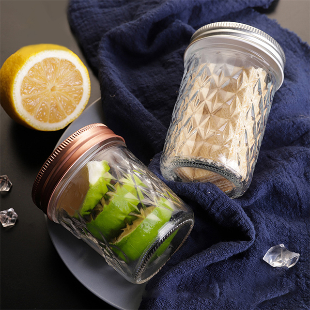250ml 300ml 350ml 500ml 650ml Diamond Glass Mason Jar with Aluminium Lid
