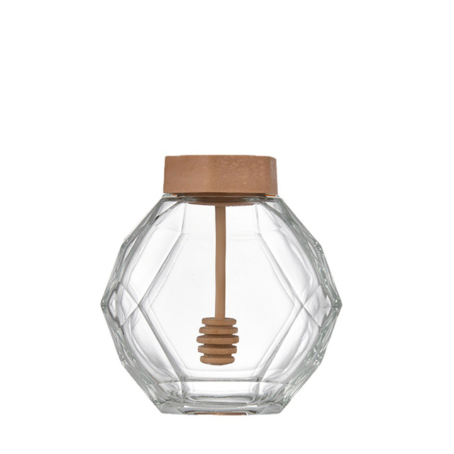 250ml 380ml 500ml Hexagonal Glass Honey Jar with Stirring Stick